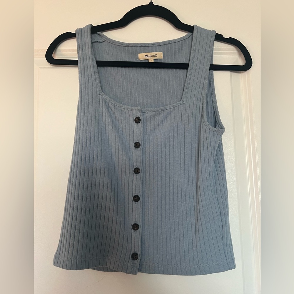 Madewell Ribbed Square Neck Tank Top in Light Blue